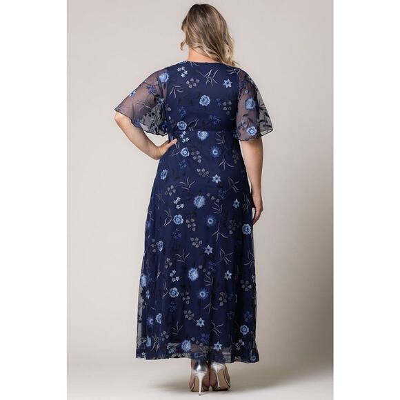 Kiyonna Gown Embroidered Elegance Blue Style 3X Flutter Sleeves Maxi Floral - Picture 3 of 7